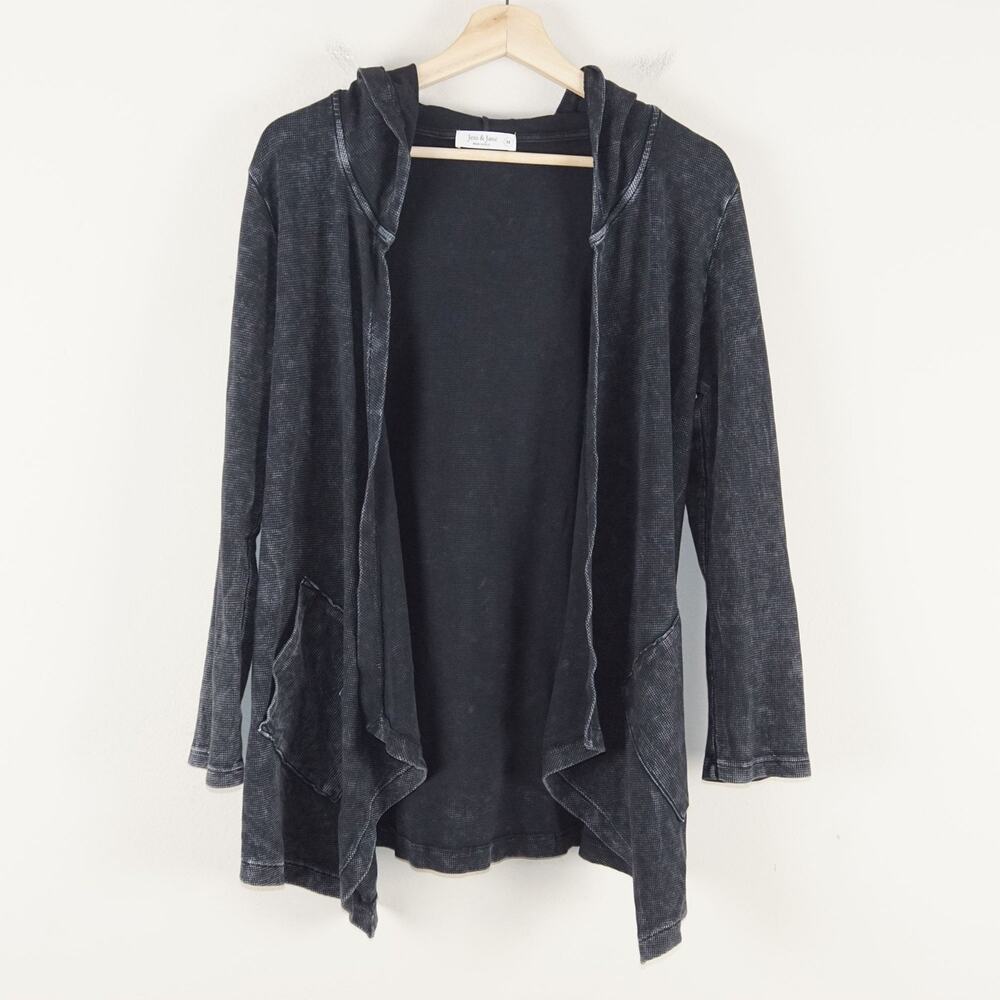Jess & Jane Cascading Thermal Hooded Black Cardigan Womens Sz M